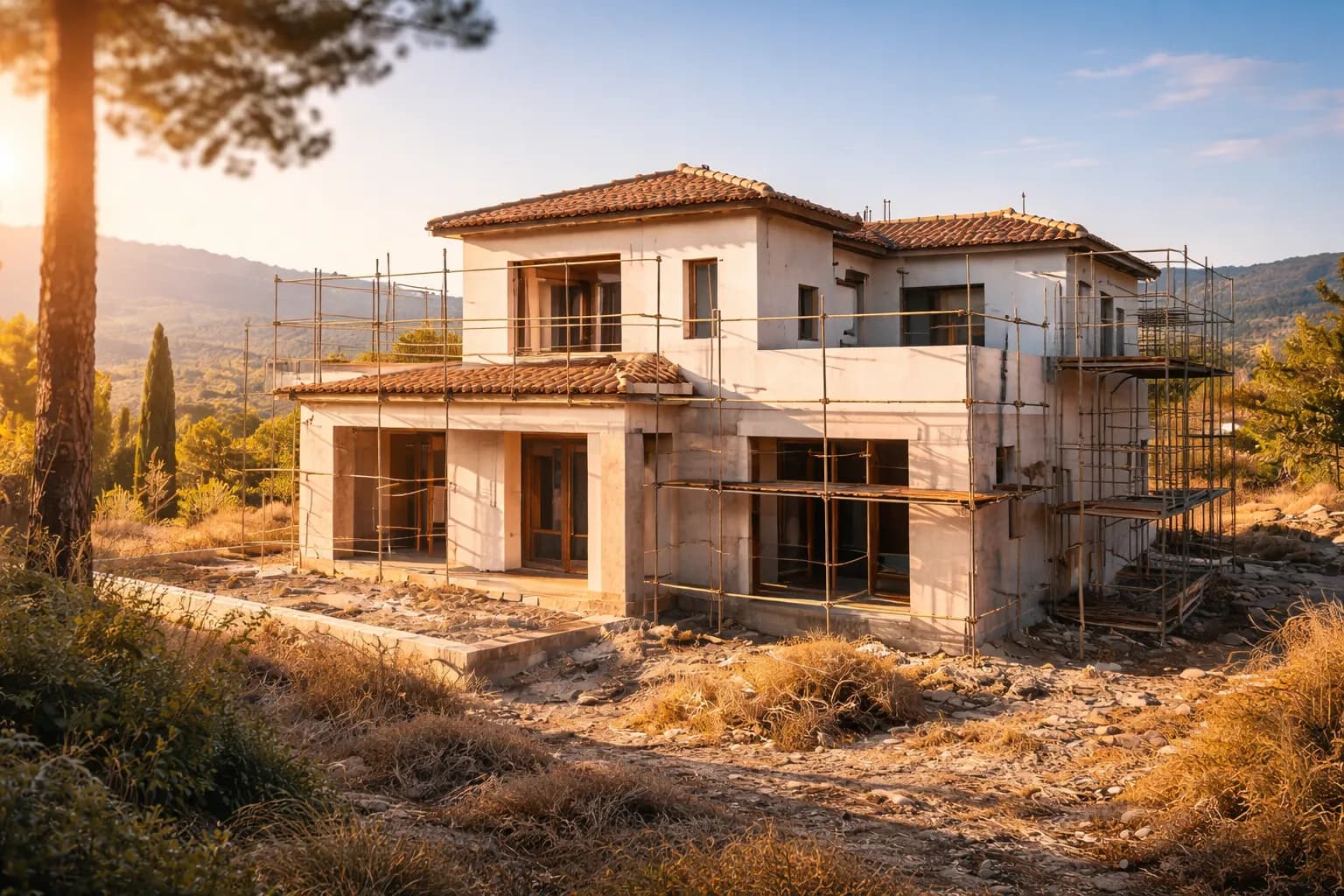 Villa méditerranéenne en construction avec échafaudages dans le sud de la France
